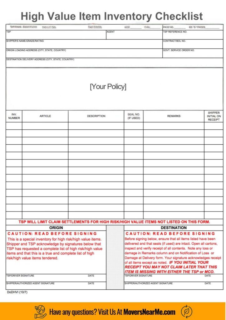 high value item inventory form pdf