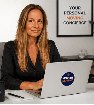 Sarah Christie, founder of Movers Near Me, working at her desk