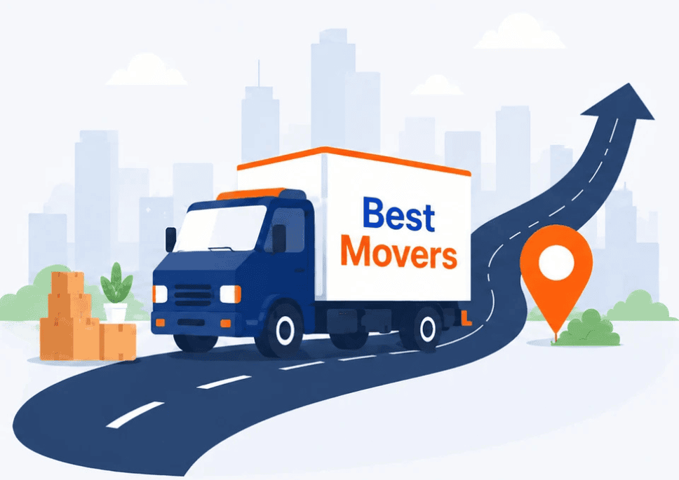 Best Movers moving truck traveling toward a destination