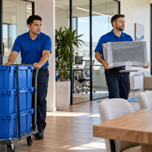Professional movers handling office furniture and moving containers