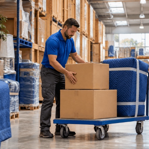 Moving company worker handling boxes in a professional warehouse